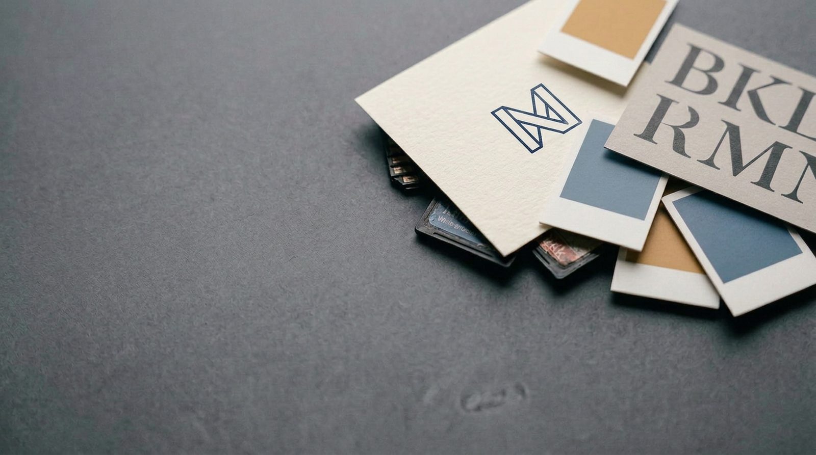 Printed brand materials — a logo sheet, type specimen card and colour chips